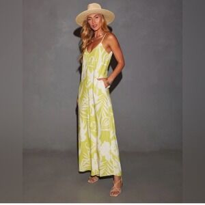 Vici Wide Leg Jumpsuit Sz XL Lime Green Cream Low Back Floral Resort Beach Vacay